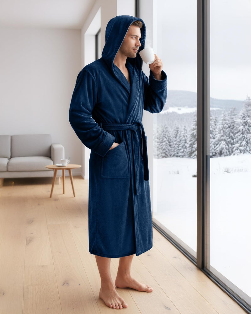 NY Threads Mens Robe with Hood, Luxury Plush Fleece Hooded Mens Bathrobe, Spa Bath Robe for Men, Small/Medium, Navy - Image 5
